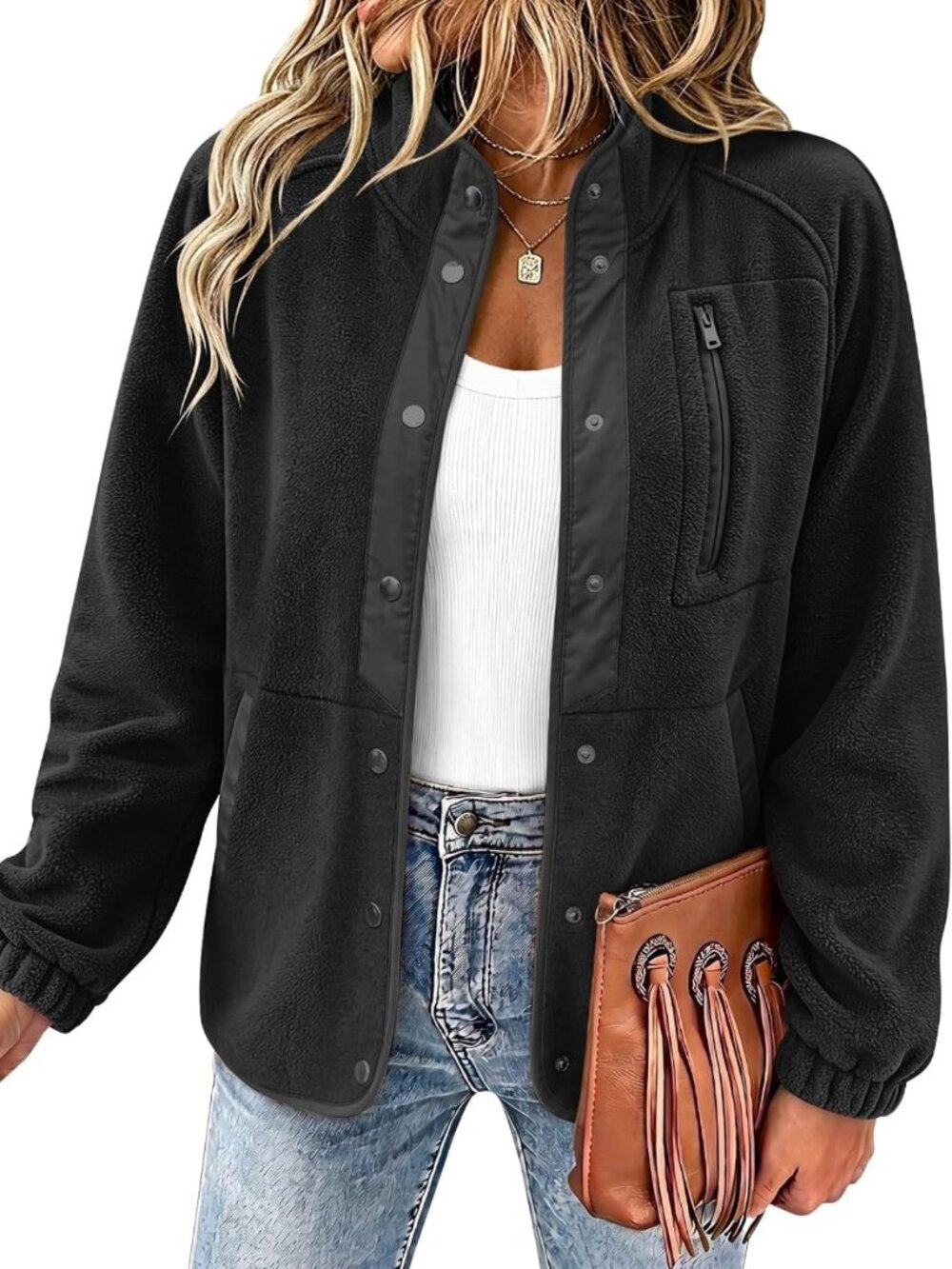 Cozy Women's Fleece Jacket with Western Aztec Print & Snap Buttons - Stylish